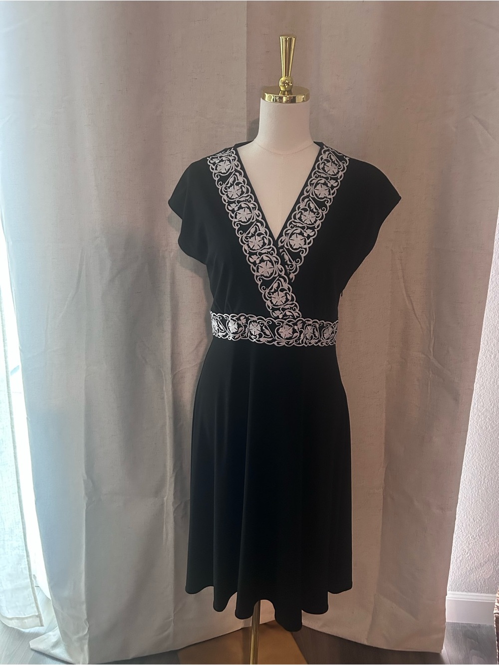 Coldwater Creek Black Midi Dress with White Embroidered Trim